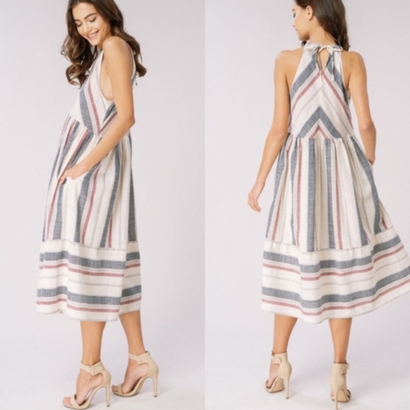 Striped Natural Cotton Halter Dress w/Pockets - Picture 5 of 8